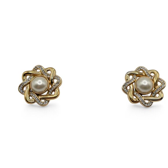 Vintage BUTLER Large Pearl and Rhinestone Clip-On Earrings Pave Gold Tone - Picture 3 of 9
